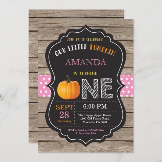 パンプキ素朴ン最初の誕生日招待状ピンク 招待状 (正面/裏面)