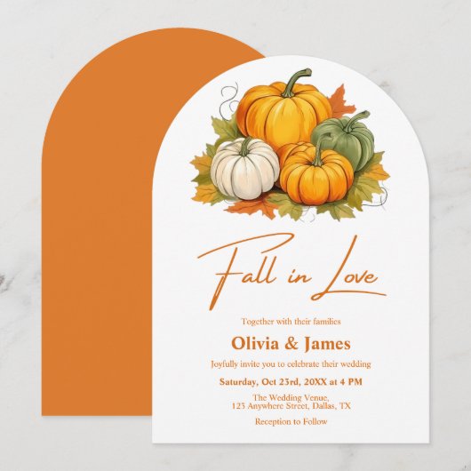 パンプキ素朴ン燃えたオレンジ色の秋イン結婚ラブ 招待状 (正面/裏面)