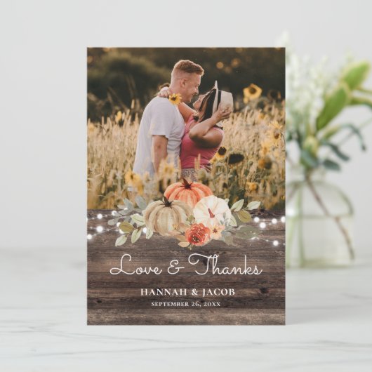パンプキ素朴ン秋の結婚式ラヴ感謝していアンド サンキューカード (スタンド正面)