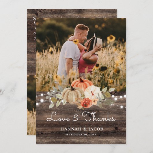 パンプキ素朴ン秋の結婚式ラヴ感謝していアンド サンキューカード (正面/裏面)