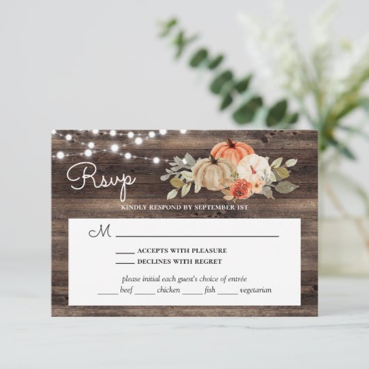 パンプキ素朴ン秋ウッドズ結婚と食事の選択 出欠カード (スタンド正面)