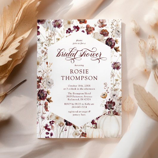 パンプキ素朴ン秋ワイルドフラワーブライダルシャワー 招待状