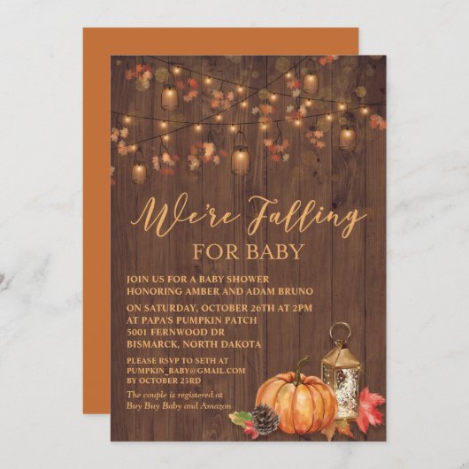 パンプキ素朴ン葉ウッドベビーシャワー招待状 招待状 (正面/裏面)
