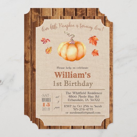 パンプキ素朴ン葉ズウッド1st誕生日招待状 招待状 (正面/裏面)