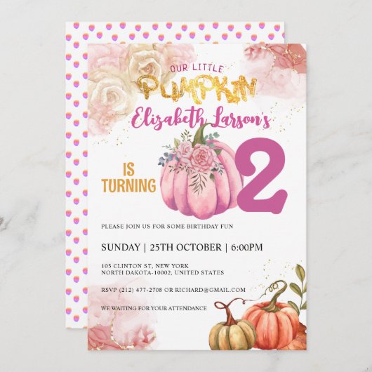 パンプキ素朴ン誕生日グリッター水彩 招待状 (正面/裏面)