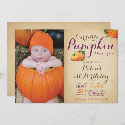 パンプキ素朴ン誕生日招待状ファースト・デイ 招待状 (正面/裏面)