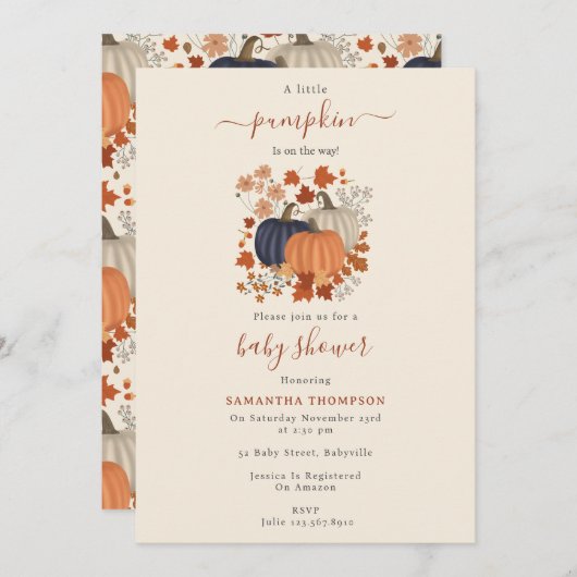 パンプキ素朴ン野草秋秋の赤ちゃんシャワー 招待状 (正面/裏面)