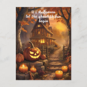 パンプキ魅力的ン不気味付きハロウィーンコテージ ポストカード