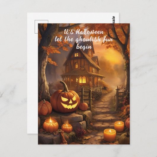 パンプキ魅力的ン不気味付きハロウィーンコテージ ポストカード (正面/裏面)