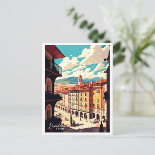 パンプローナスペインアートヴィンテージトラベルイラストレーション ポストカード (スタンド正面)