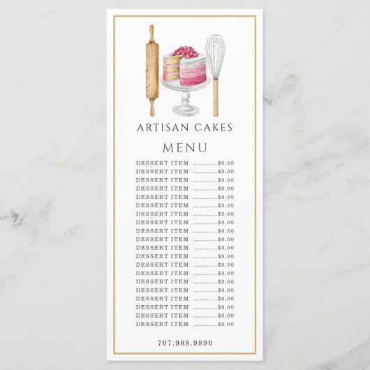 パン屋さんの焼き菓子メニュー（水彩画風）, 菓子職人のエレガントなケーキと焼き菓子道具。 メニュー (正面)