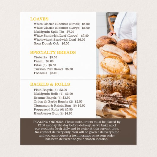 パン屋小麦褐色の黄色のデリバリー·ビジネス·メニュー 名刺 (内部フラット)