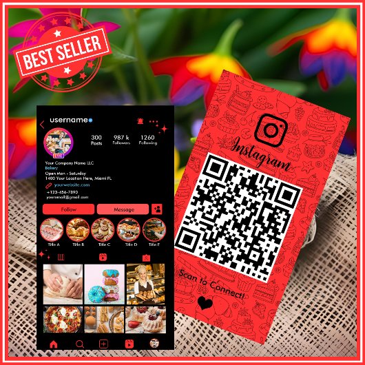 パン屋Instagramシェフ赤いパストリーケータリングQR 名刺