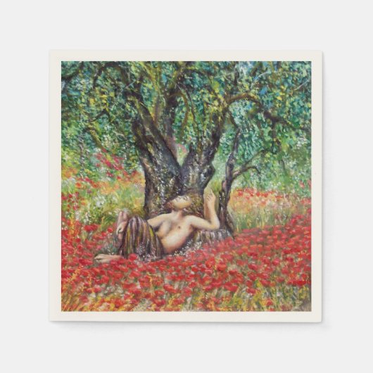 パン、オリーブの木とポピーの畑 スタンダードカクテルナプキン (正面)