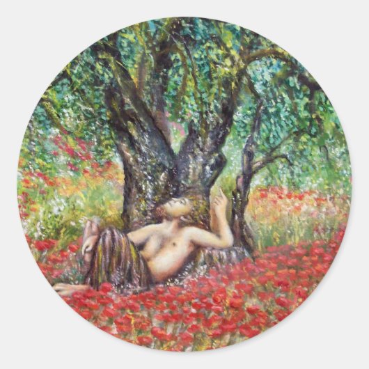 パン、オリーブの木とポピーの畑 ラウンドシール (正面)