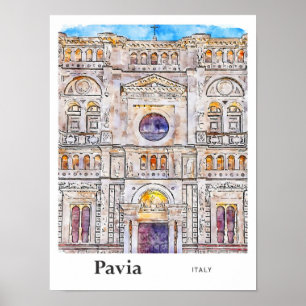 パヴィアイタリア旅行水の色の手描き ポスター