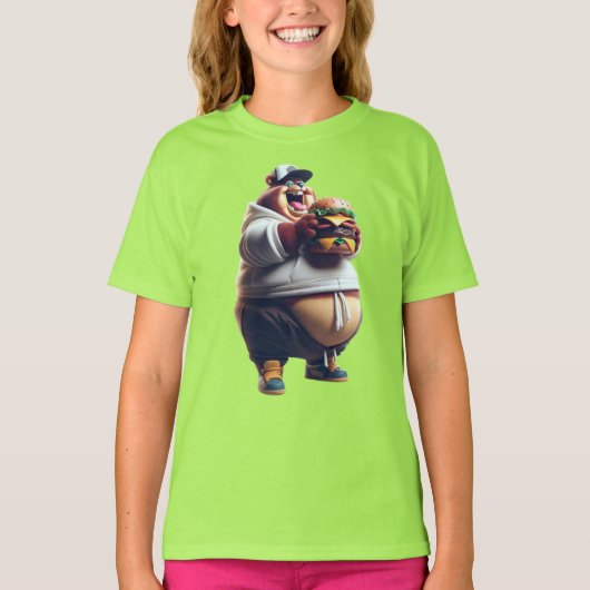パーカーを着たクマとハンバーガー Tシャツ (正面)