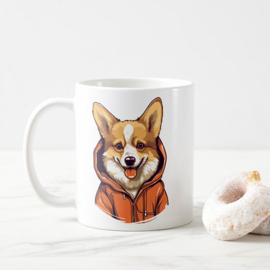 パーカーを着たコーギーの面白いデザイン コーヒーマグカップ (ドーナツ)