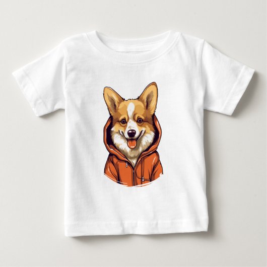 パーカーを着たコーギーの面白いデザイン ベビーTシャツ (正面)