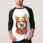 パーカーを着たコーギーの面白いデザイン Tシャツ (正面)