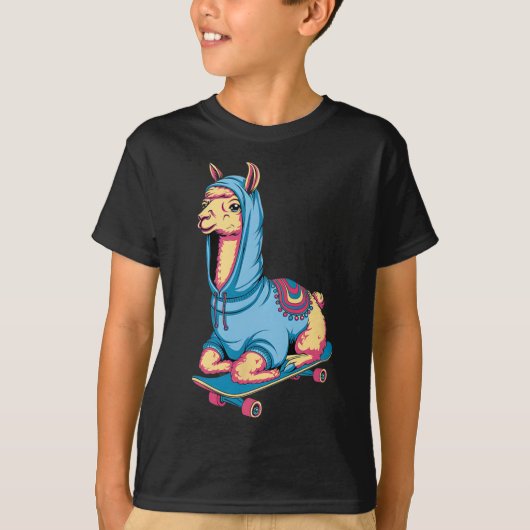 パーカーを着たスケボー好きなラマの面白動物S Tシャツ (正面)
