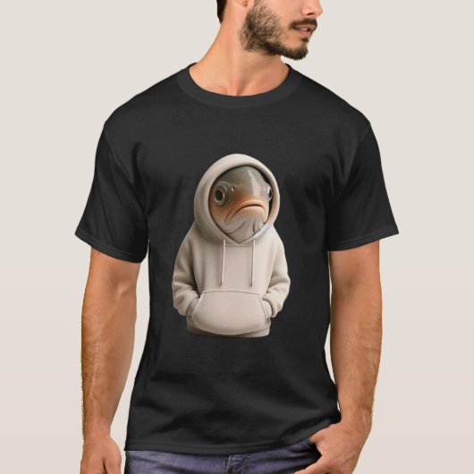 パーカーを着た不機嫌な魚のイラスト Tシャツ (正面)