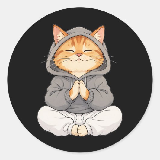 パーカーを着た禅猫 - かわいい瞑想漫画の猫 ラウンドシール (正面)