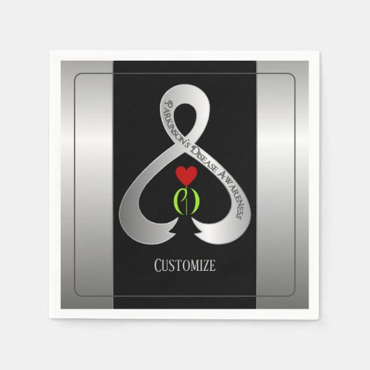 パーキンソン認識度リボンブラックとシルバー スタンダードカクテルナプキン (正面)