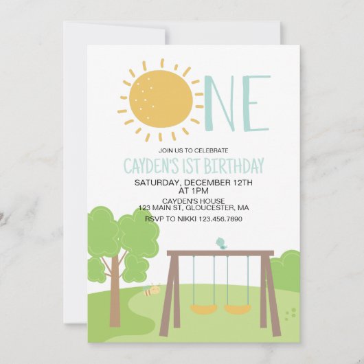 パークでのパーティー 遊び場 1歳の誕生日 招待状 (正面)