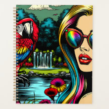 パークアートの中の女とポップ・アートの鸚鵡