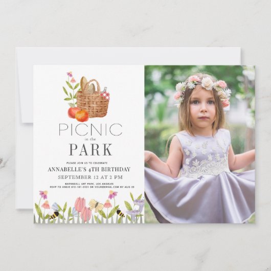 パークバスケットでのピクニックフローラ誕生日写真 招待状 (正面)