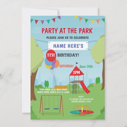 パークバースデーパーティースライドスイングアウトドアおもしろい 招待状 (正面)