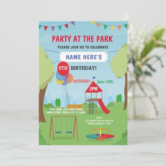 パークバースデーパーティースライドスイングアウトドアおもしろい 招待状 (スタンド正面)