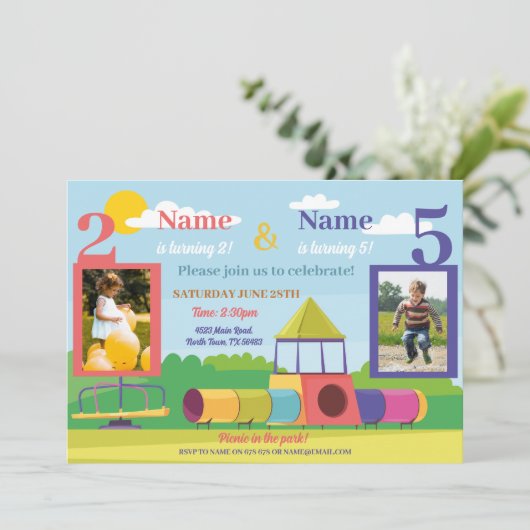 パーク子供の誕生日ガールズボーイズ任意の年齢共同写真 招待状 (スタンド正面)