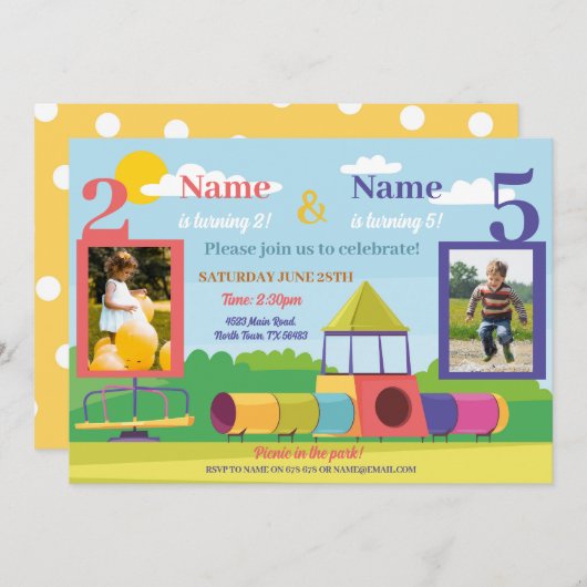 パーク子供の誕生日ガールズボーイズ任意の年齢共同写真 招待状 (正面/裏面)