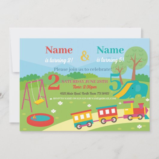 パーク誕生日キッズガールズボーイズ任意の年齢共同パーティー 招待状 (正面)