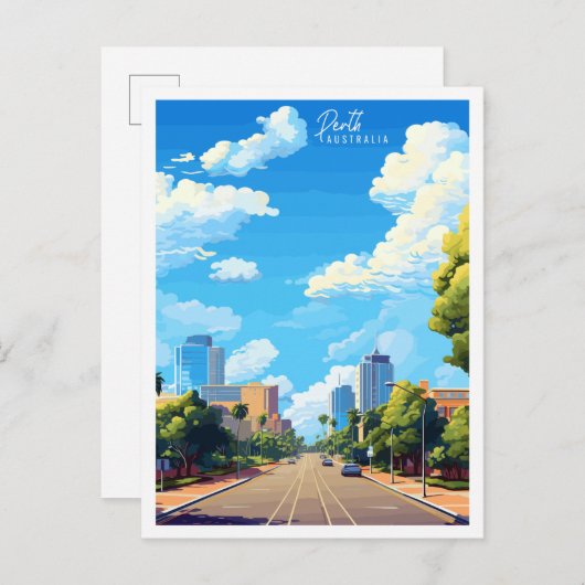 パース・オーストラリア・ヴィンテージ旅行イラストレーション ポストカード (正面/裏面)