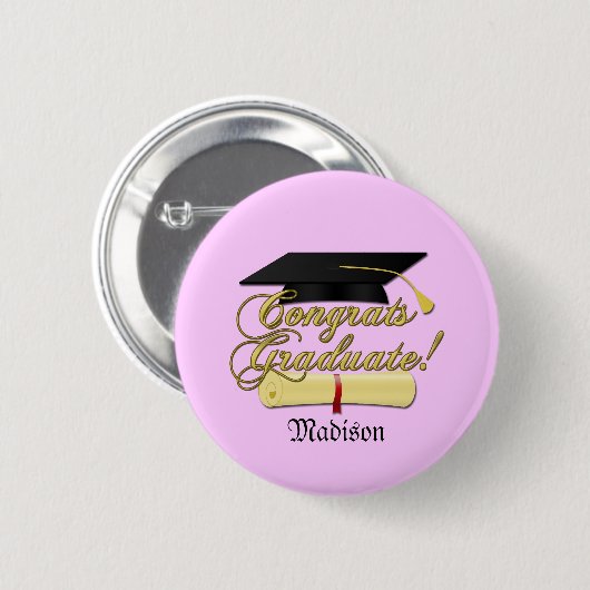 パーソナライズおめでとう大学院卒業証書とハットピンク 缶バッジ (正面&裏面)