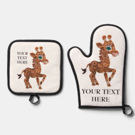 パーソナライズかわいいベビーキリン文字&写真 鍋つかみ&鍋敷きセット