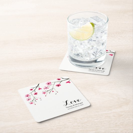 パーソナライズさくらんぼブロッサムウォーター結婚カラー スクエアペーパーコースター (インサイチュ)