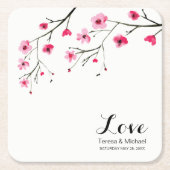 パーソナライズさくらんぼブロッサムウォーター結婚カラー スクエアペーパーコースター (正面)