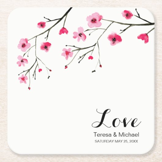 パーソナライズさくらんぼブロッサムウォーター結婚カラー スクエアペーパーコースター (正面)