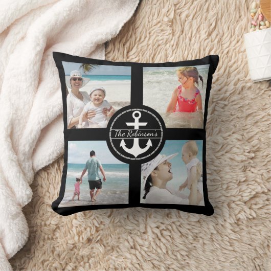 パーソナライズされたいかりフォトコラージブラック クッション (ブランケット)