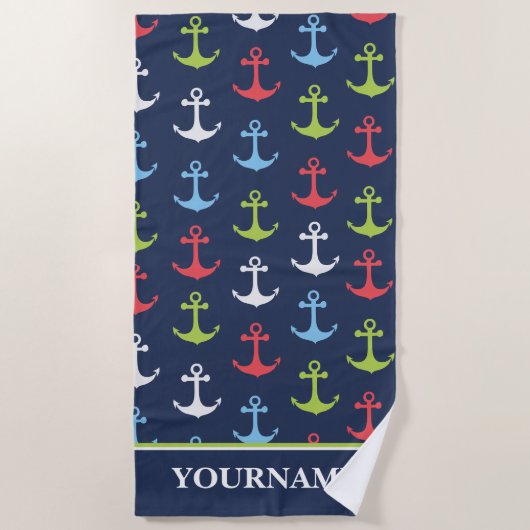 パーソナライズされたいかり航海の名前をカスタムする ビーチタオル (正面)