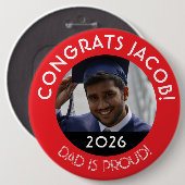 パーソナライズされたおめでとうグラッドフォトパパ誇りを持ったレッド 缶バッジ (正面&裏面)