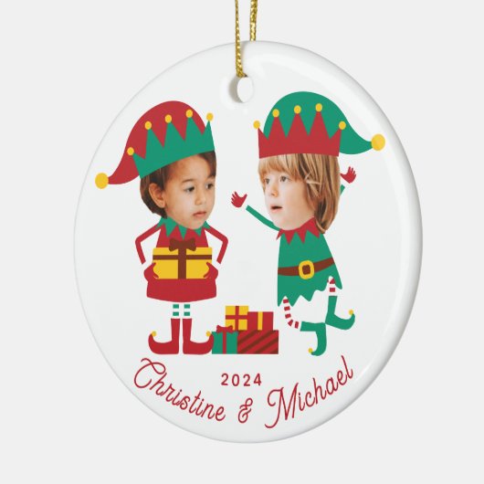 パーソナライズされたおもしろい顔写真クリスマス小妖精や小人ファミリー セラミックオーナメント (左)