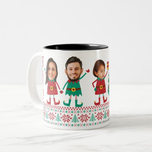 パーソナライズされたおもしろい顔写真クリスマス小妖精や小人ファミリー ツートーンマグカップ (正面左)