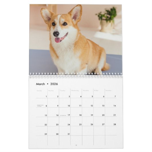 パーソナライズされたおもしろいCorgi Dog Pet Photo Calendar カレンダー (3月 2026)