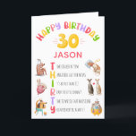 パーソナライズされたおもしろいJocks Happy 30th Birthday Card カード<br><div class="desc">コメおもしろいディ数々のカラーのハッピーバースデーカード。白い背景では、タイポグラフィ文字読ハッピーバースデー30は、受信者名と共にパーソナ後を追ライゼーションにより構成される。30人は縦に並びおもしろいて、手紙の横に書かれた声明が並んでいる。例えば、9時に寝る、数週間の二日酔い、落ち着く、ウエストラインを見る、コーヒーをたくさん飲むなど。犬、うさぎや熊のイラストは、それぞれのジョークに対応して示されている。</div>