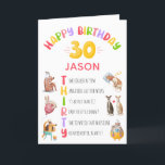 パーソナライズされたおもしろいJocks Happy 30th Birthday Card カード<br><div class="desc">コメおもしろいディ数々のカラーのハッピーバースデーカード。白い背景では、タイポグラフィ文字読ハッピーバースデー30は、受信者名と共にパーソナ後を追ライゼーションにより構成される。30人は縦に並びおもしろいて、手紙の横に書かれた声明が並んでいる。例えば、9時に寝る、数週間の二日酔い、落ち着く、ウエストラインを見る、コーヒーをたくさん飲むなど。犬、うさぎや熊のイラストは、それぞれのジョークに対応して示されている。</div>